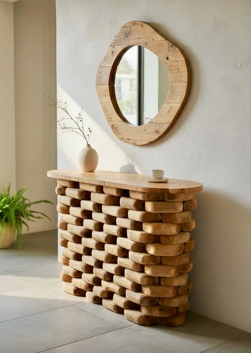 Anyam, console en teck recyclé posée sur un empilement de galettes de teck