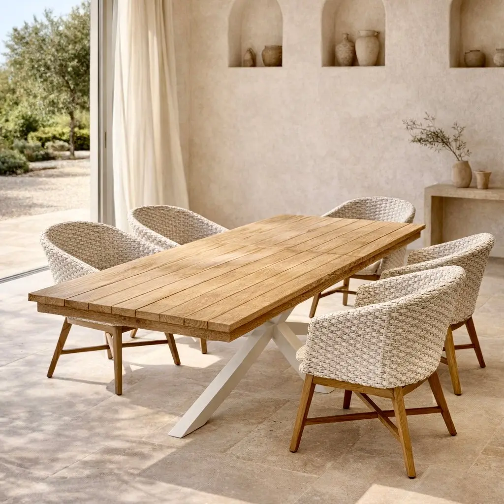 Senjara, table à manger en teck clair avec rallonge (220-300 cm) et aluminium laqué blanc