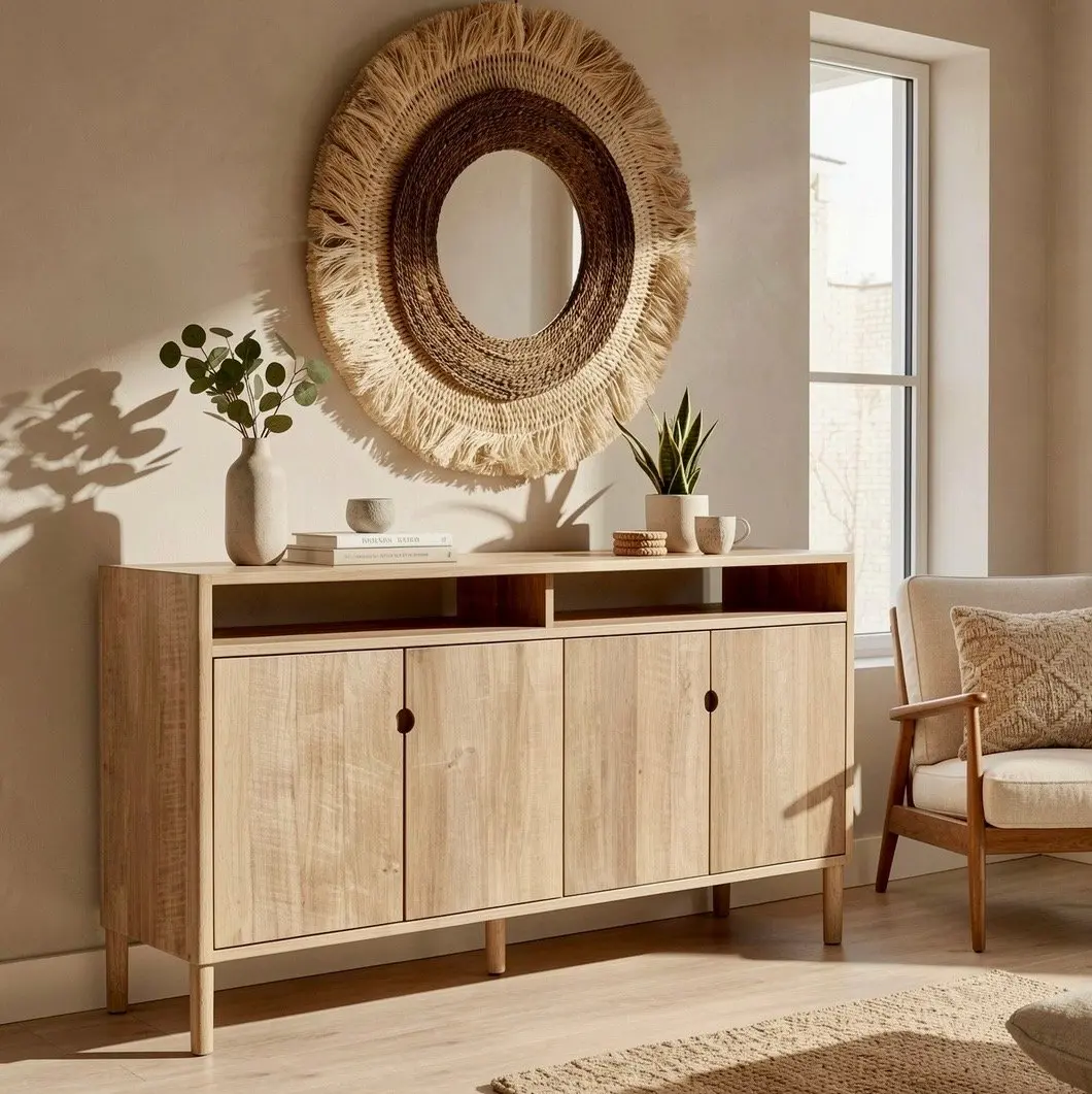 Naung, buffet long en teck recyclé, niche ouverte et quatre portes pleines