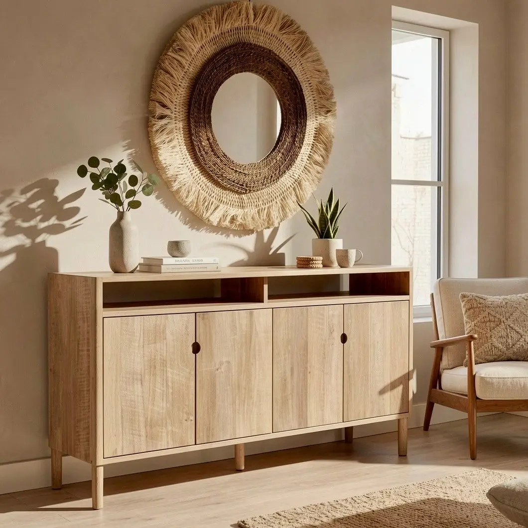 Naung, buffet long en teck recyclé, niche ouverte et quatre portes pleines