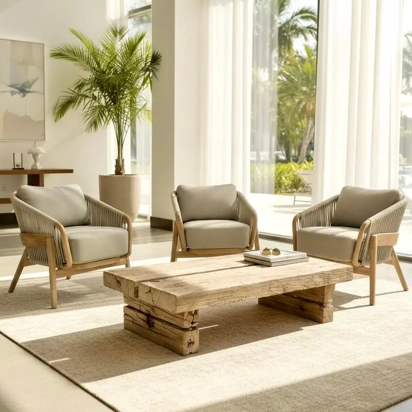 Fauteuil lounge Nalani en teck massif clair, dossier rond en cordage tressé kaki, coussins kaki