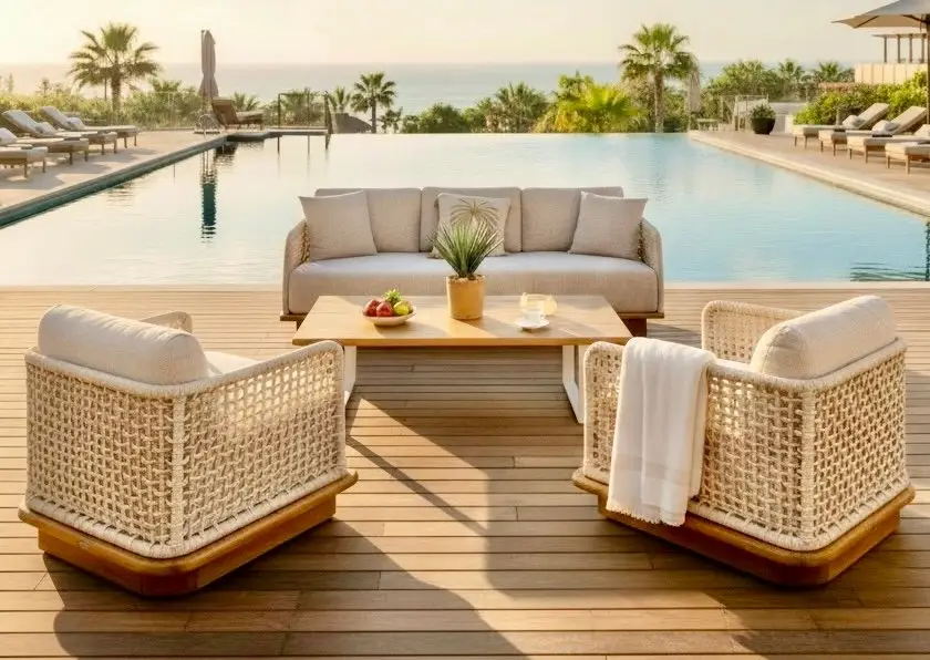 Puri, salon de jardin en teck et corde tressée avec table basse