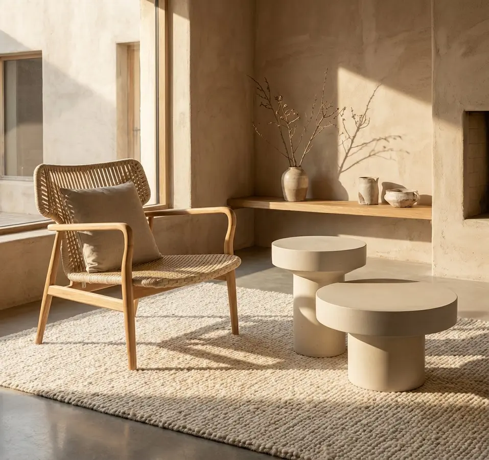 Kalaya, mushroom-shaped coffee table in white microcement