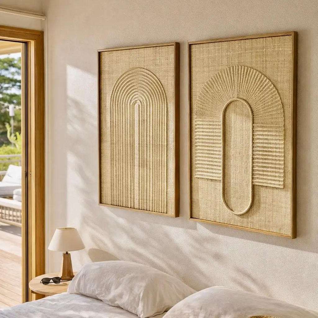 Pelangi, cadre mural en fibre naturelle tissée beige, arche d'arcs concentriques en relief