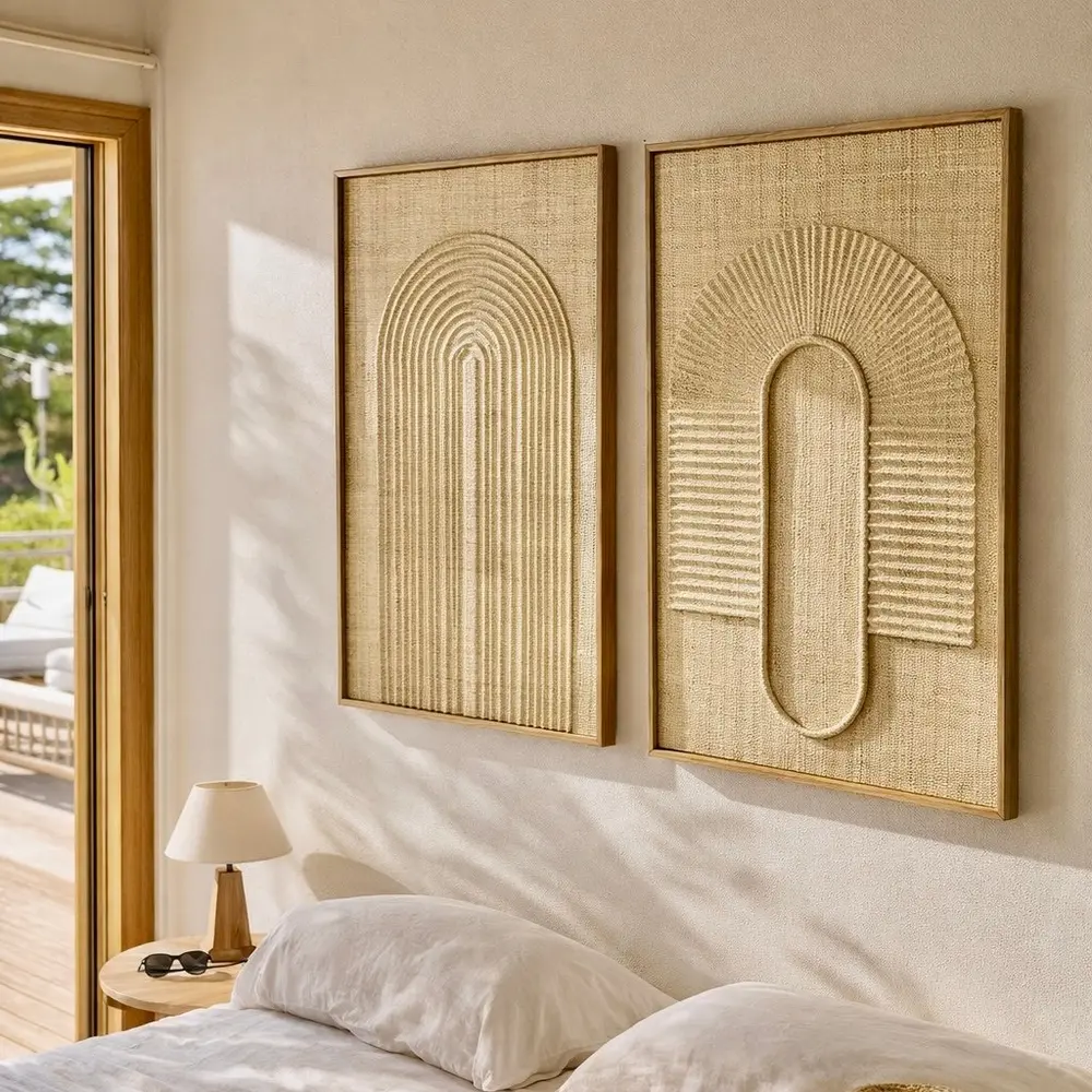 Pelangi, beige woven natural fibre wall panel with a relief arch of concentric arcs