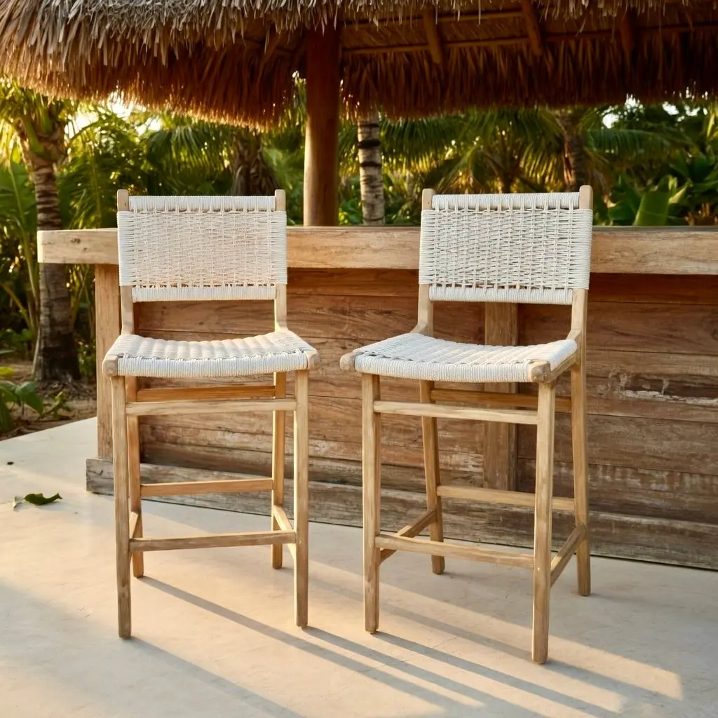 Andini-bar, chaise haute en teck massif et tressage synthétique