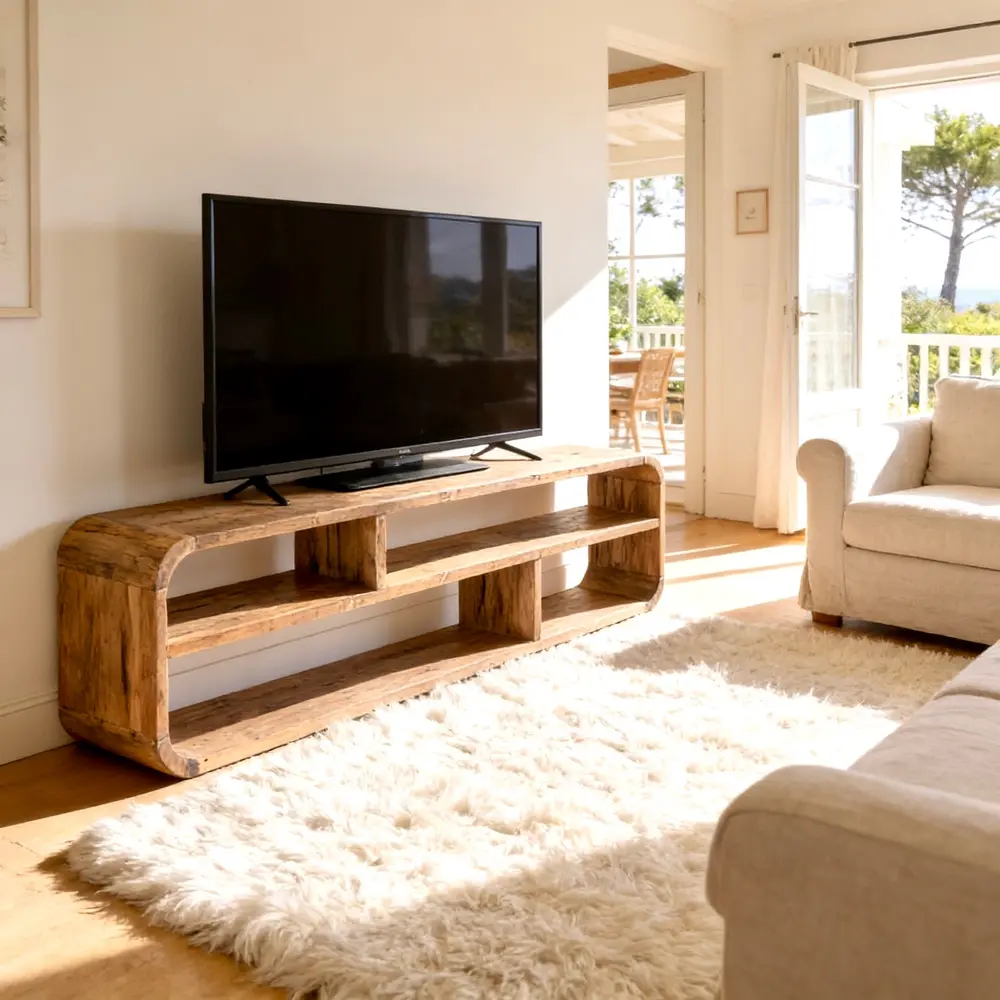 Legam low TV unit in patinated reclaimed teak, rounded corners and three open niches