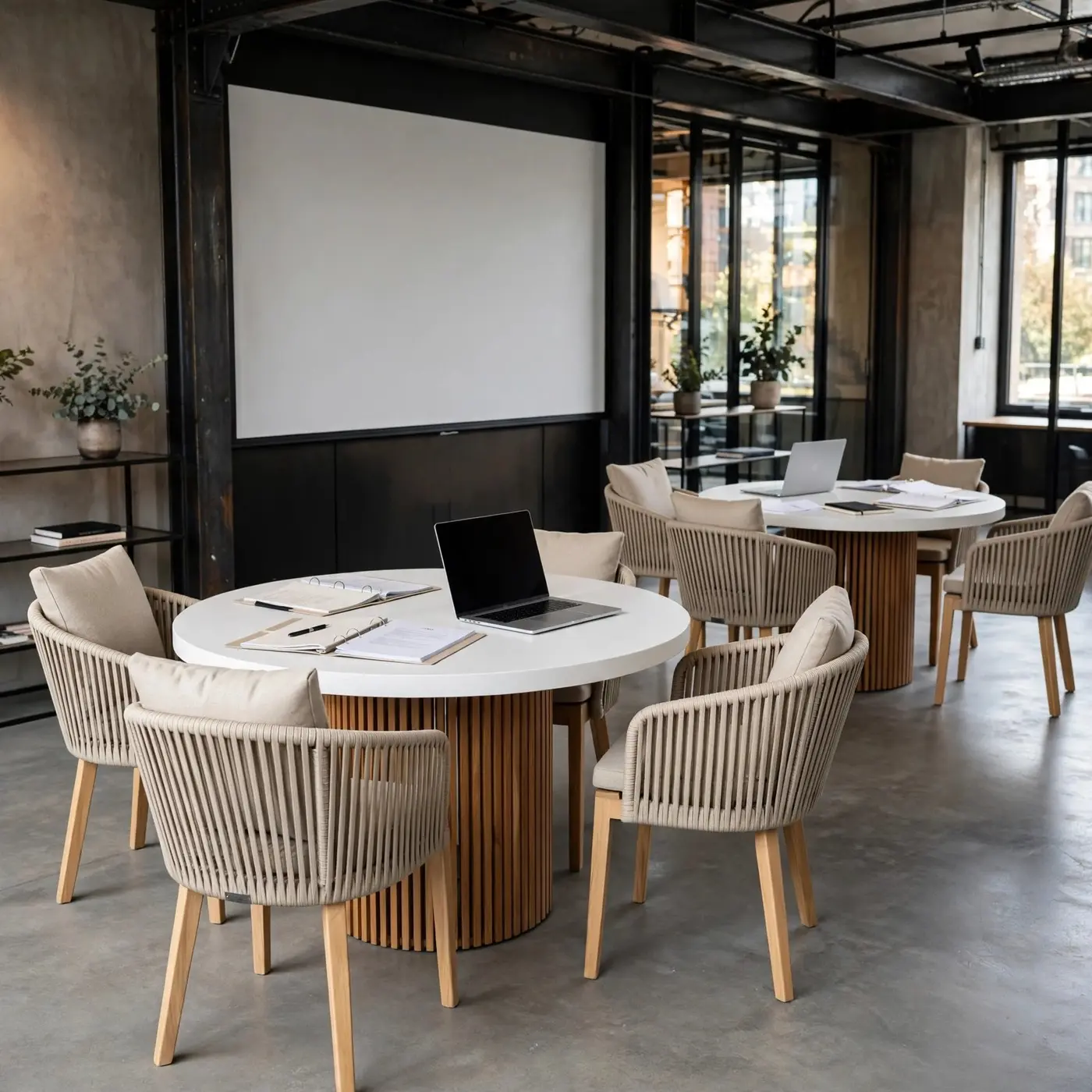 Segara, table ronde à plateau en micro-ciment blanc sur pied en lattes de teck