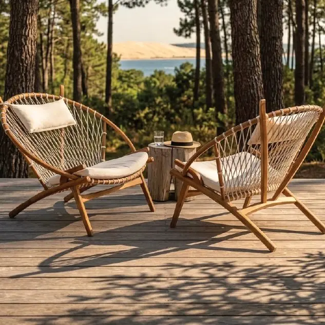 Fauteuil lounge Surya en teck massif, grand dossier rond en cordage blanc écru en éventail