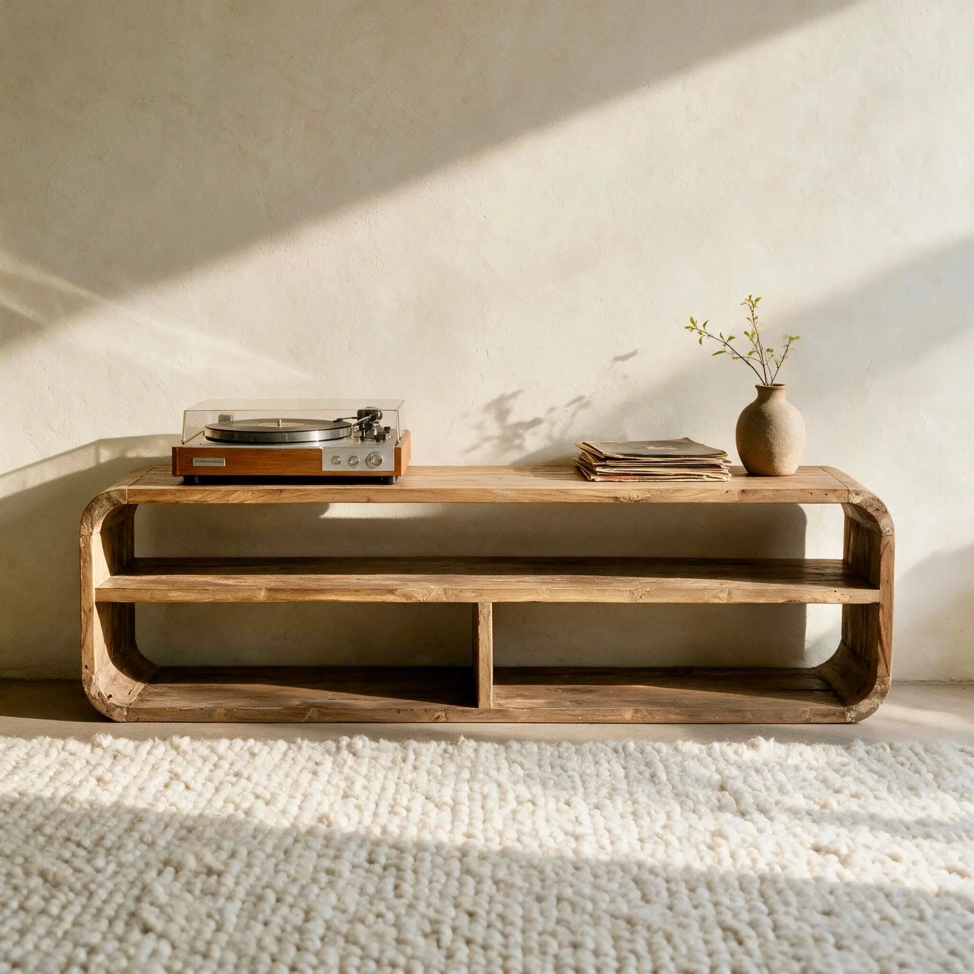 Angin, meuble TV de 180 cm en teck recyclé brut aux angles arrondis