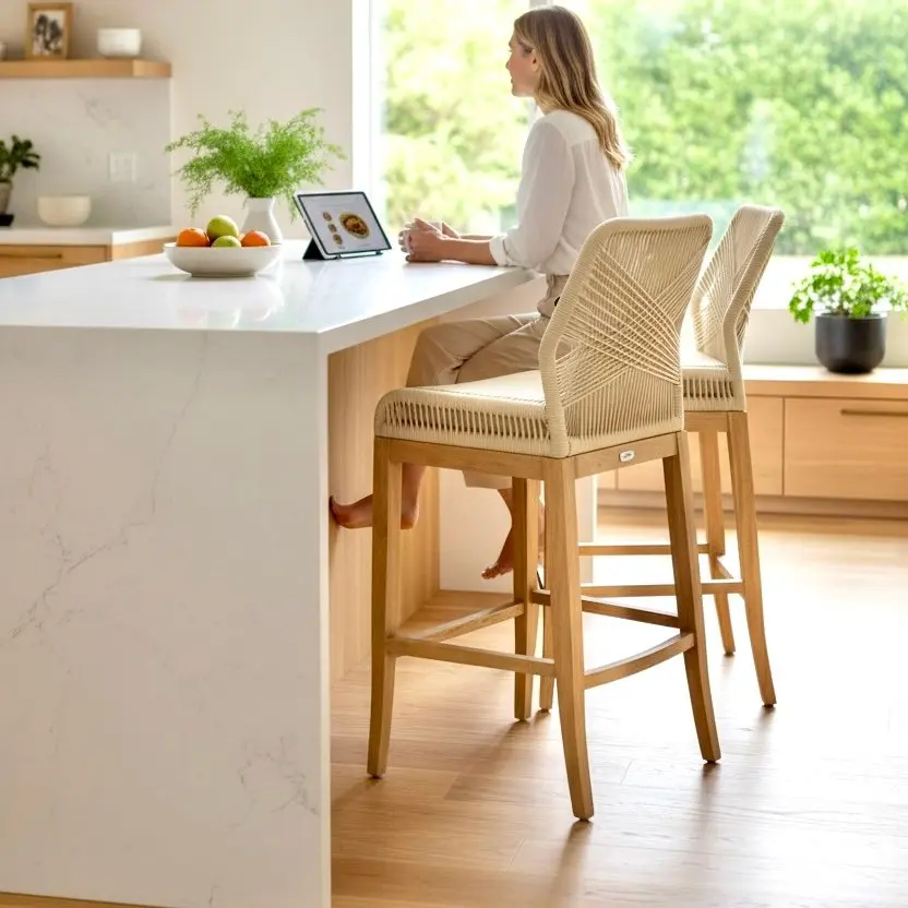 Lisa bar, tabouret de bar en teck clair, dossier et assise en cordage beige
