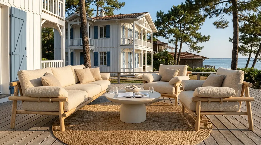 Lovina, salon de jardin en rondins de teck avec sofa et fauteuils