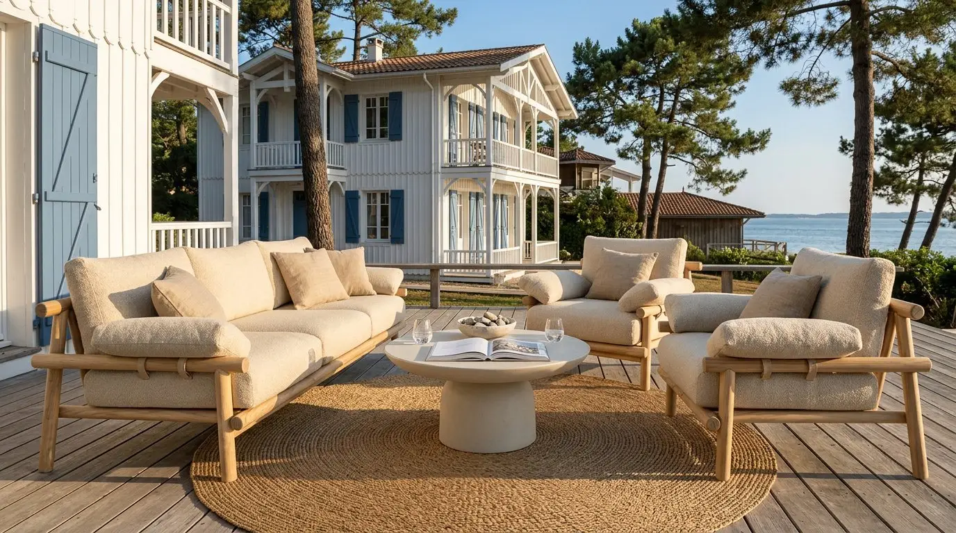 Lovina, salon de jardin en rondins de teck avec sofa et fauteuils