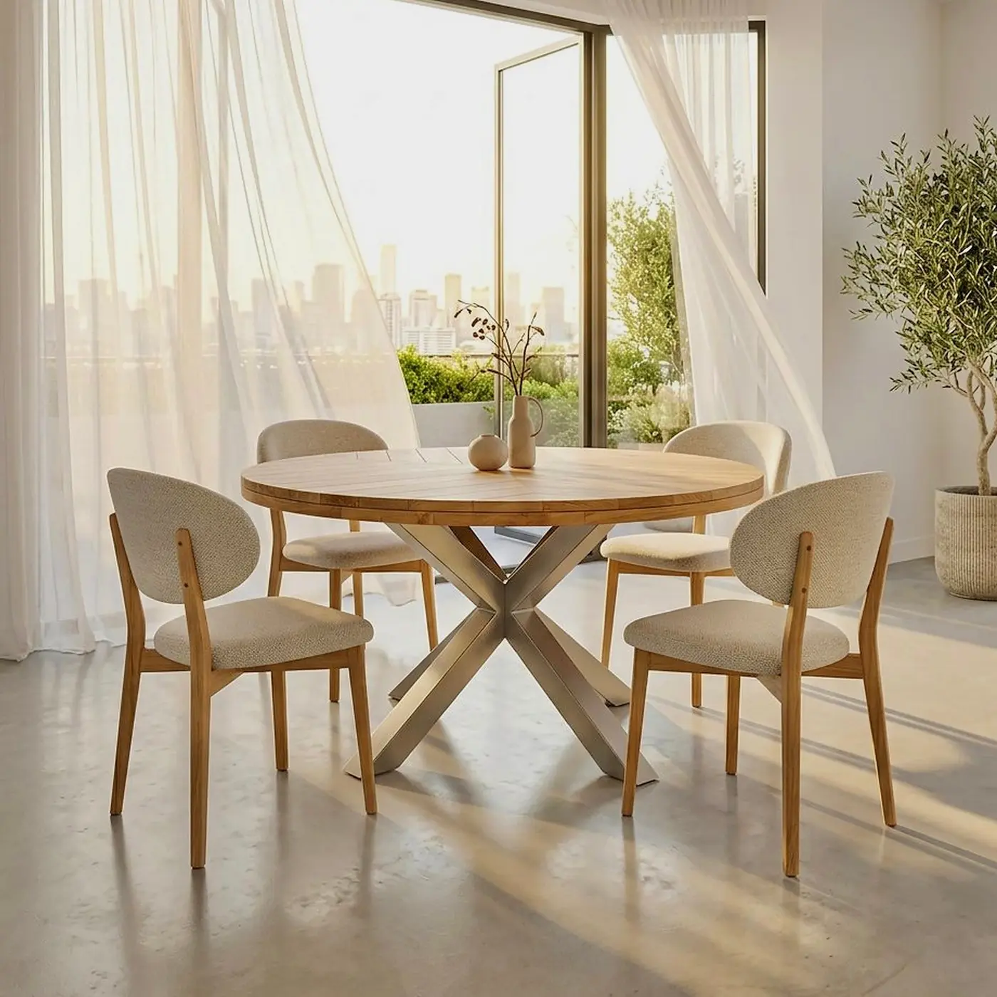 Soluna, table à manger ronde en teck et aluminium blanc
