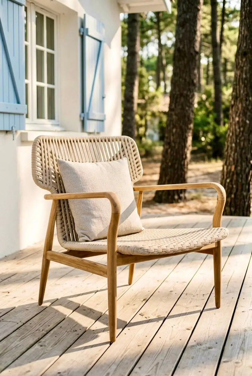 Fauteuil lounge Sumba en teck massif clair, dossier en cordage écru tressé en chevron, coussin lombaire sable