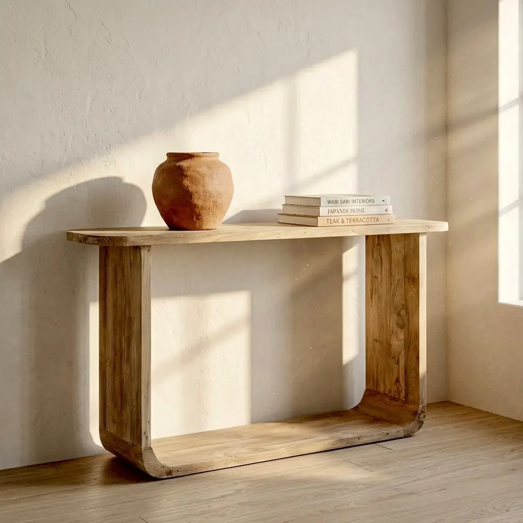 Bumi, console en teck recyclé brut aux bords arrondis avec tablette basse