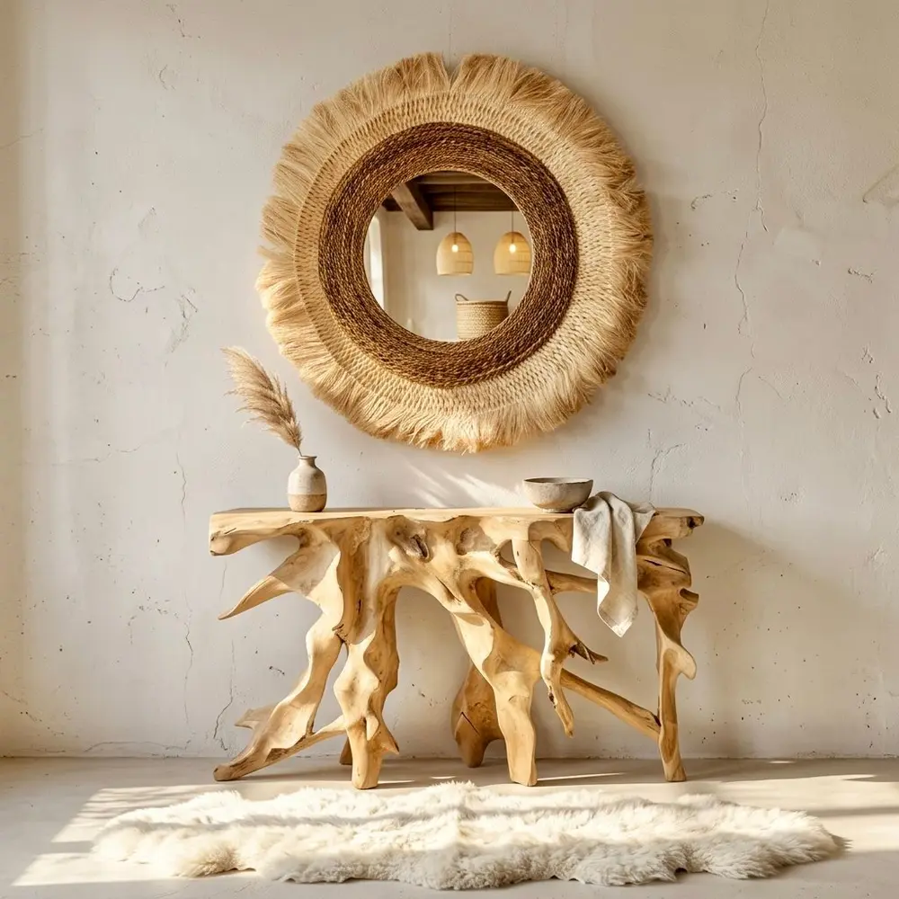 Bakau, console en racine de teck, plateau brut sur une souche de racines sculptée