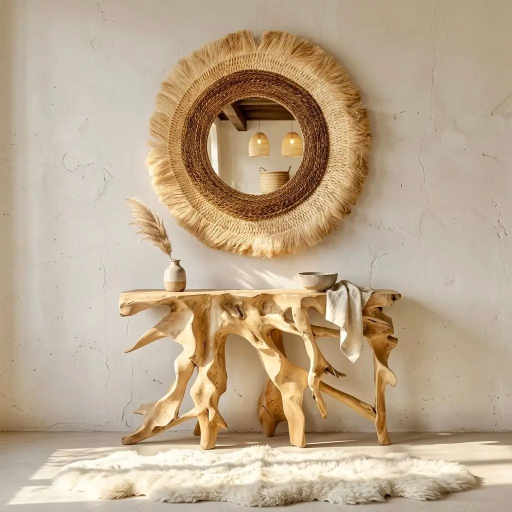 Bakau, console en racine de teck, plateau brut sur une souche de racines sculptée