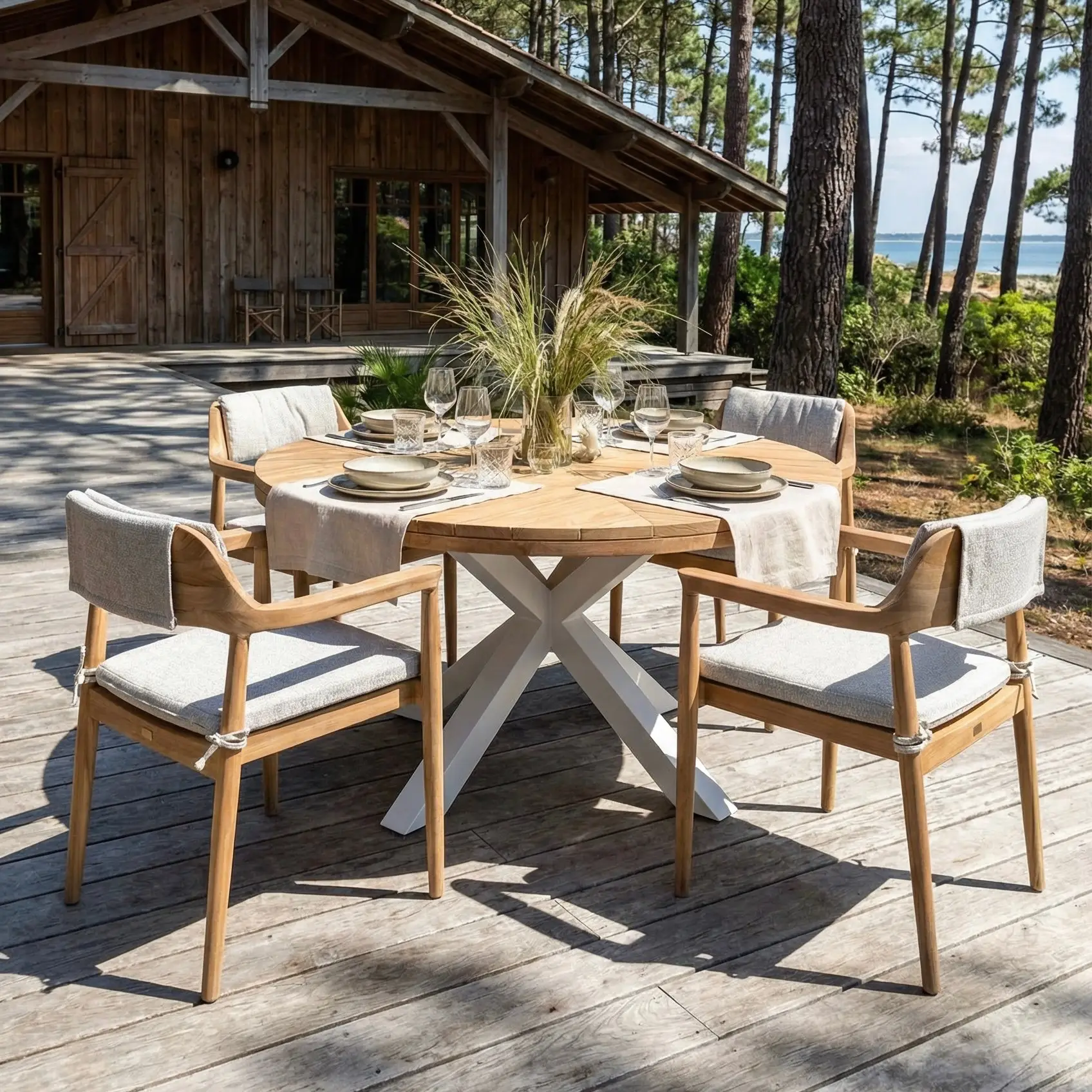 Padma, chaise de repas en teck massif, cadre ouvert anguleux, coussins beige