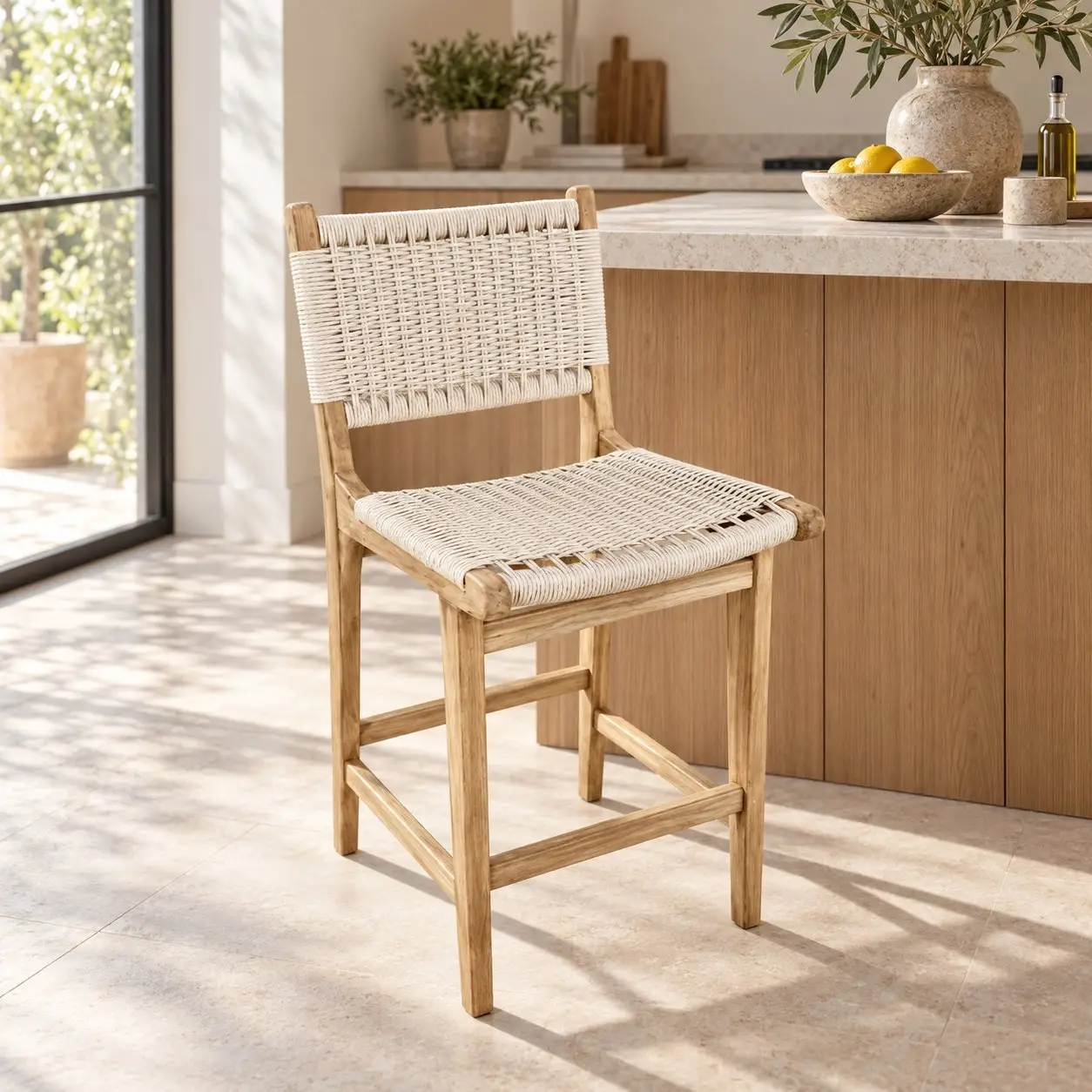 Andini-bar, chaise haute en teck massif et tressage synthétique