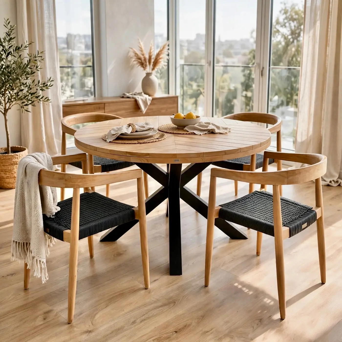 Maria, chaise de repas empilable en teck massif, assise en cordage noir tressé