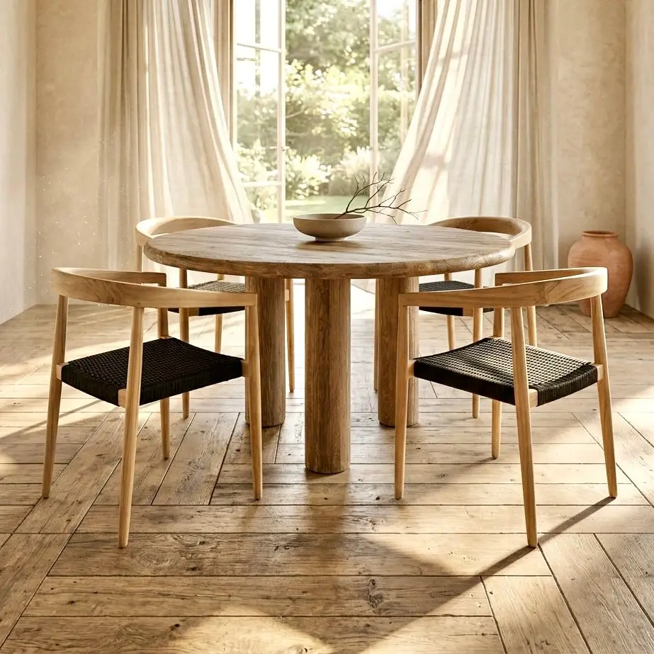 Maria, chaise de repas empilable en teck massif, assise en cordage noir tressé