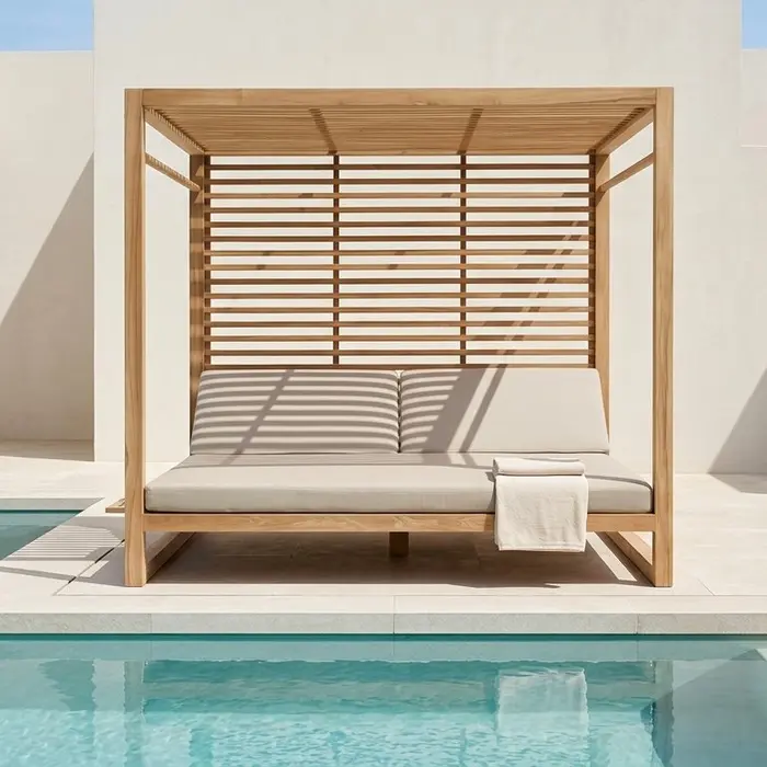 Langit, solid teak canopy daybed with slatted roof and beige grey mattress