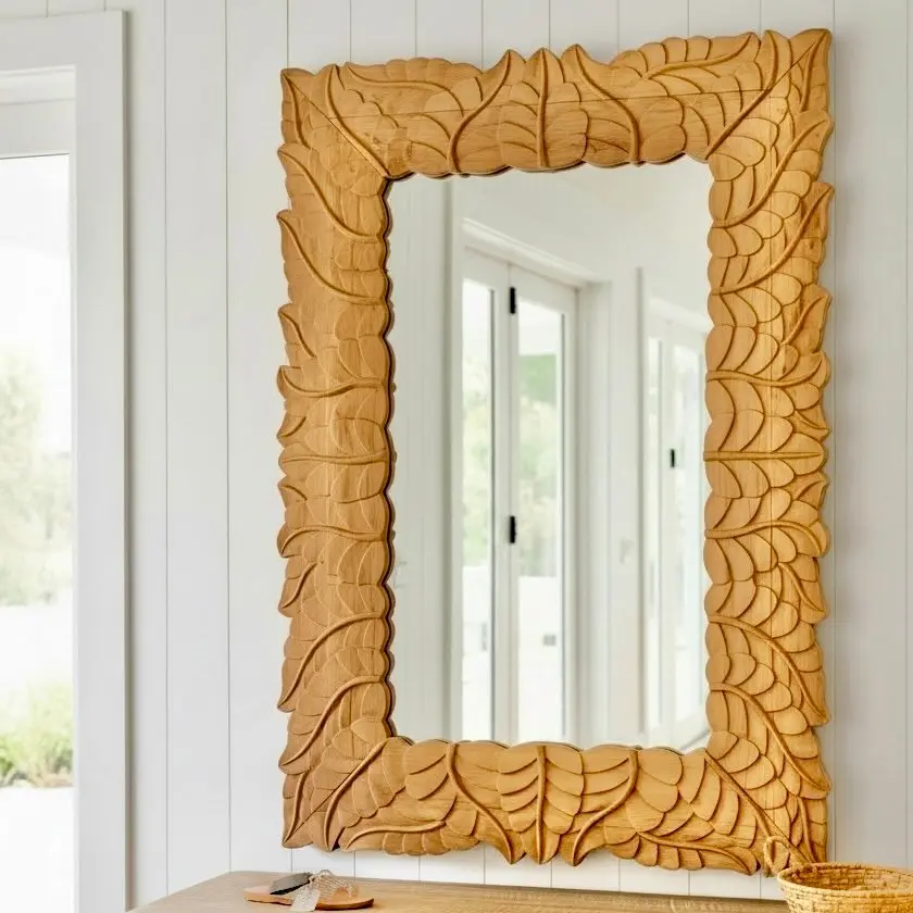 Miroir rectangulaire Daun en teck massif, large cadre sculpté d'un entrelacs de feuilles