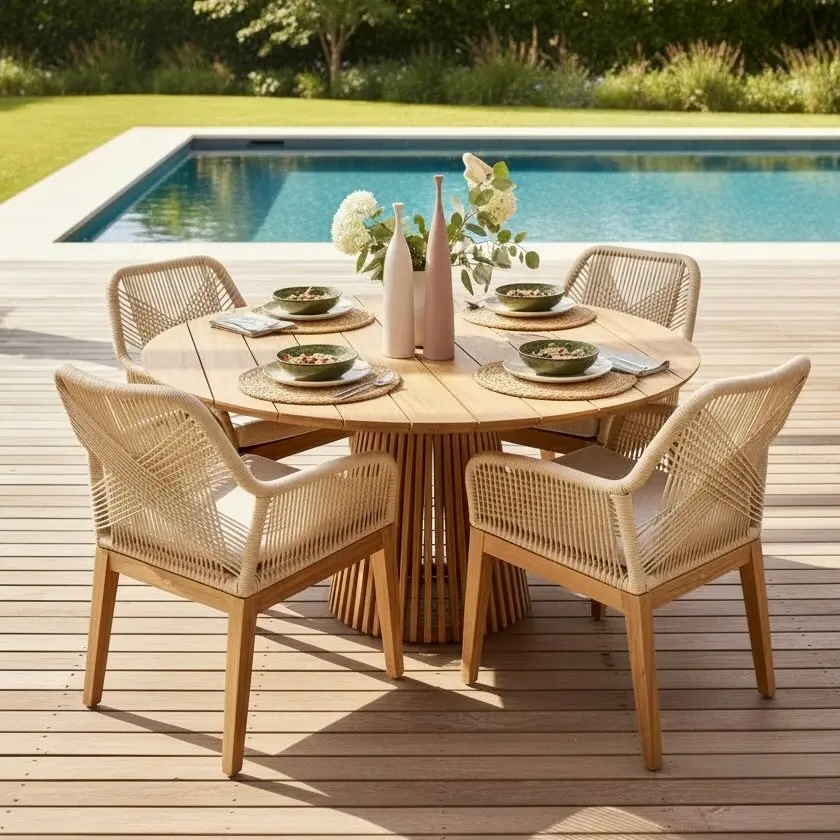 Lisa, chaise de repas en teck massif, dossier en cordage beige, coussin crème sable