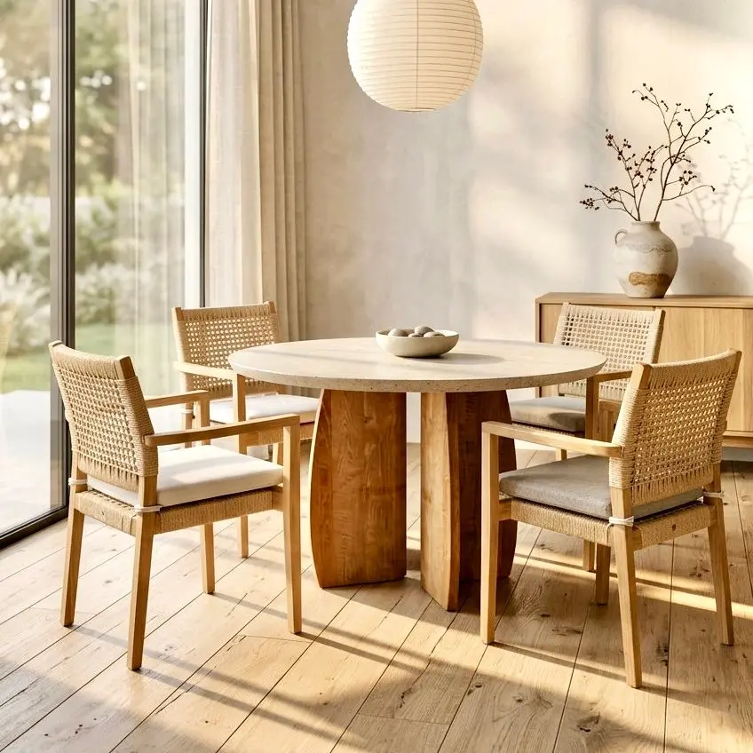 Elsa, chaise de repas empilable en teck massif, tressage synthétique ton naturel