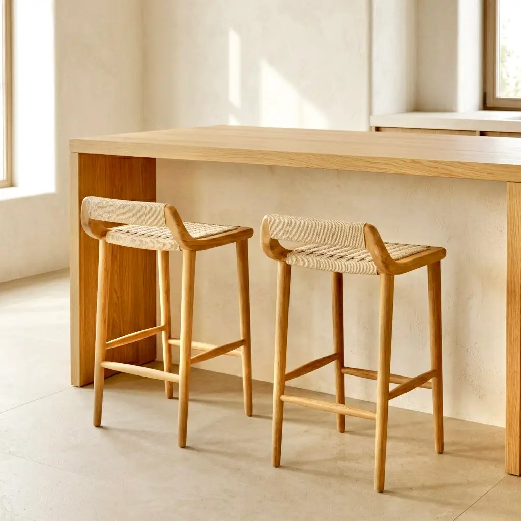 Dewi, tabouret de bar en teck recyclé, assise et dossier tressés