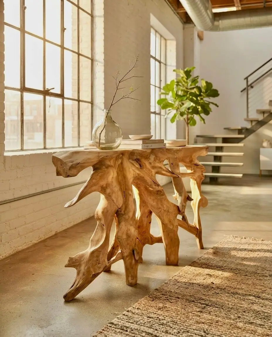 Bakau, console en racine de teck, plateau brut sur une souche de racines sculptée