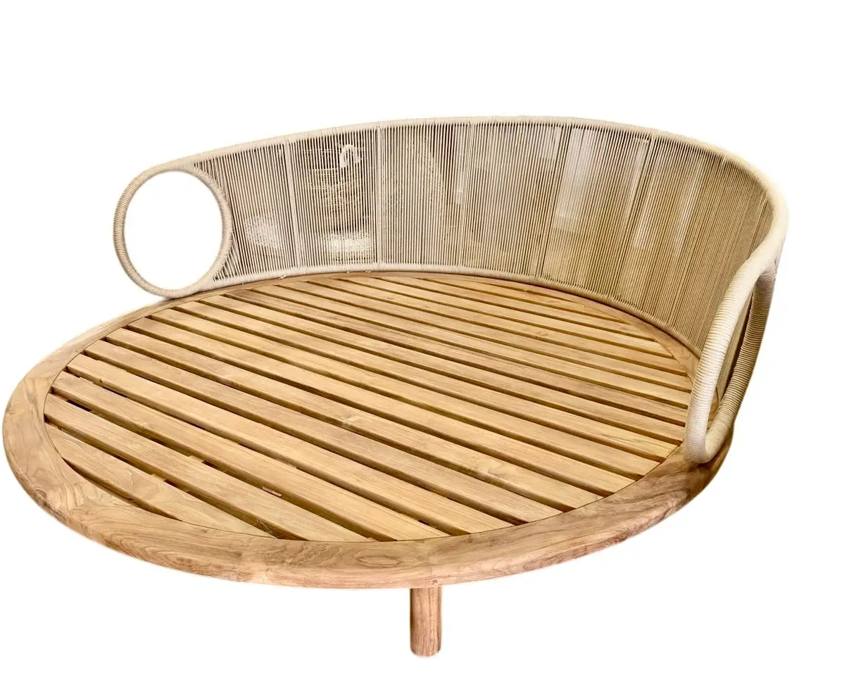 Jupiter, bain de soleil rond en teck massif, cordage kaki et coussins ivoire crème