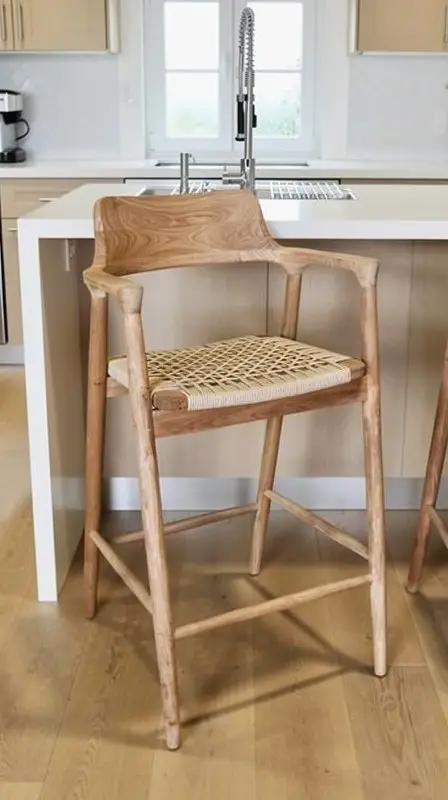 Oka bar, reclaimed teak bar stool with an enveloping backrest and grey rope seat