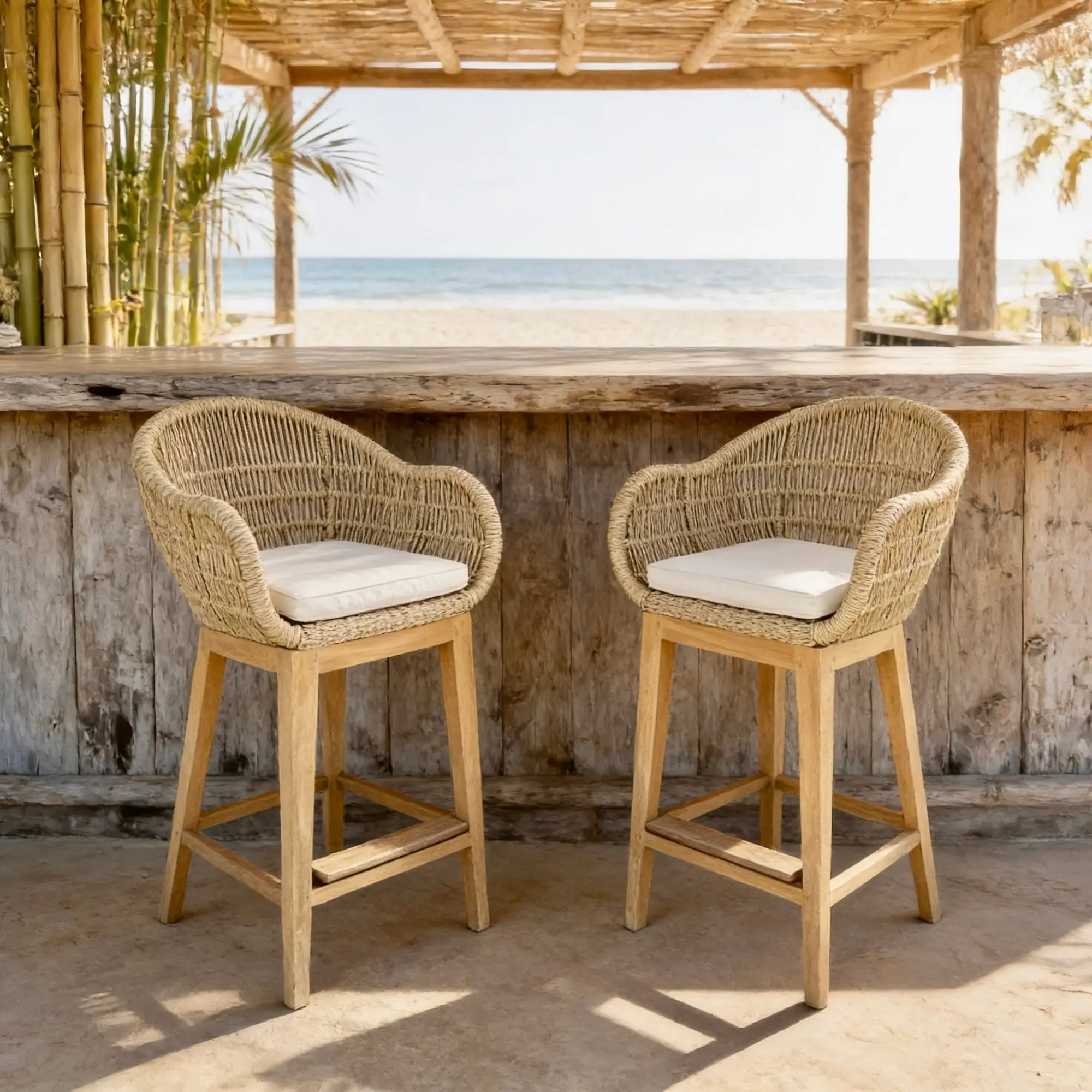 Sari bar, tabouret de bar en teck recyclé, haute coque tressée en cordage naturel