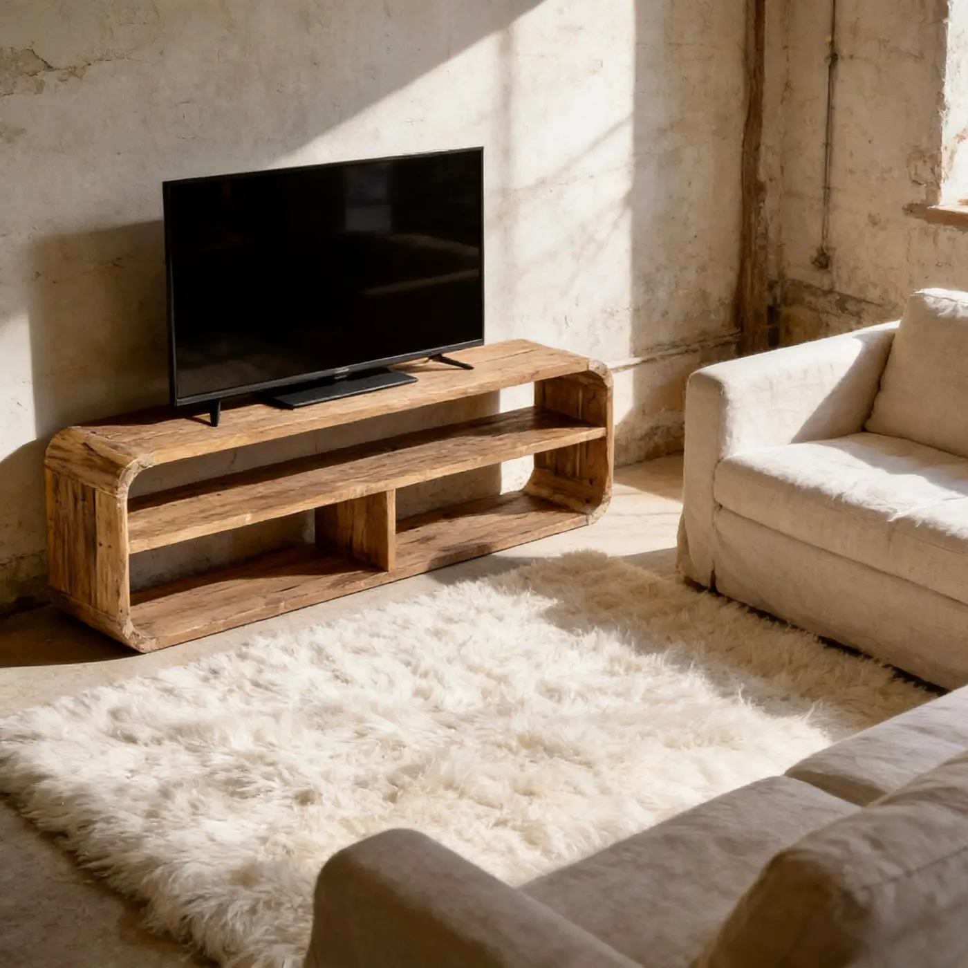 Angin, meuble TV de 180 cm en teck recyclé brut aux angles arrondis