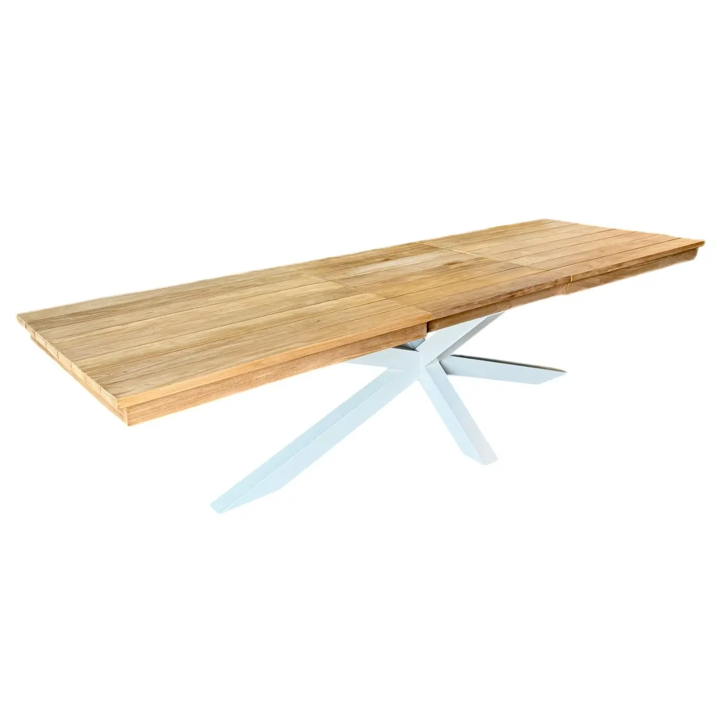 Senjara, table à manger en teck clair avec rallonge (220-300 cm) et aluminium laqué blanc