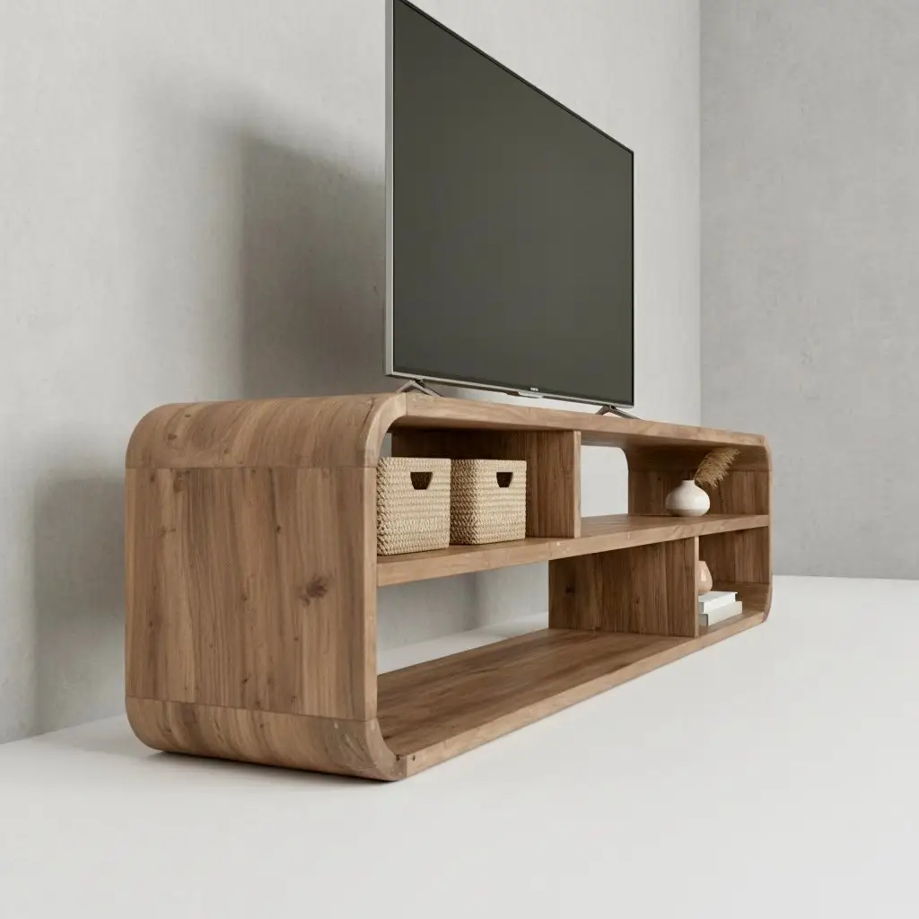 Meuble TV bas Legam en teck recyclé patiné, angles arrondis et trois niches ouvertes
