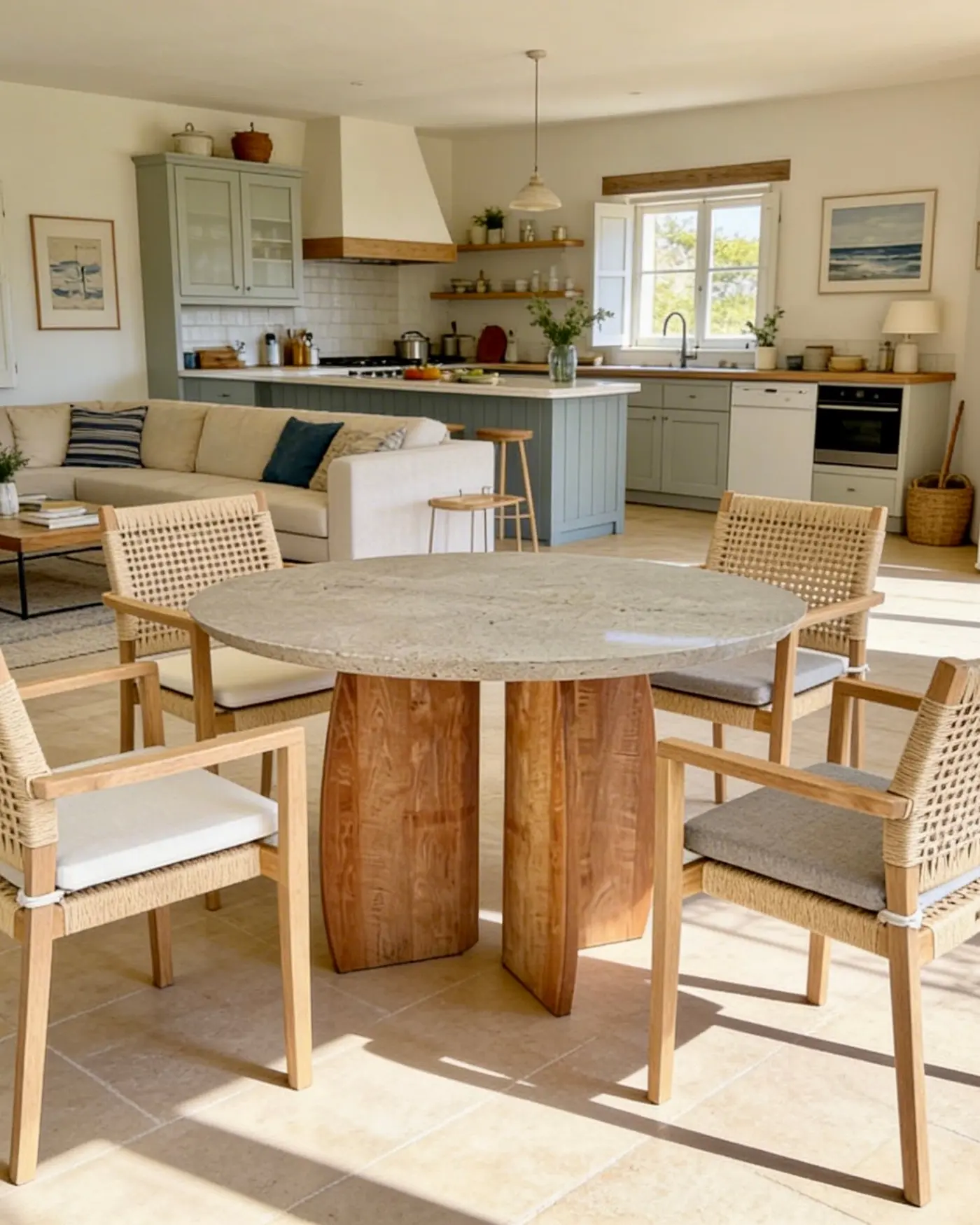 Bulan, table à manger ronde en terrazzo beige et teck recyclé