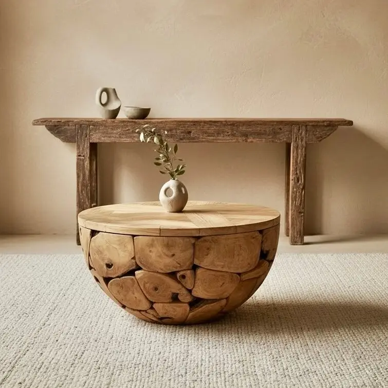 Borneo, table basse ronde en teck recyclé et racine de teck