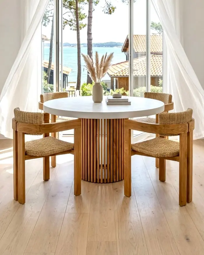 Ananda, reclaimed teak dining armchair with rounded synthetic cane back