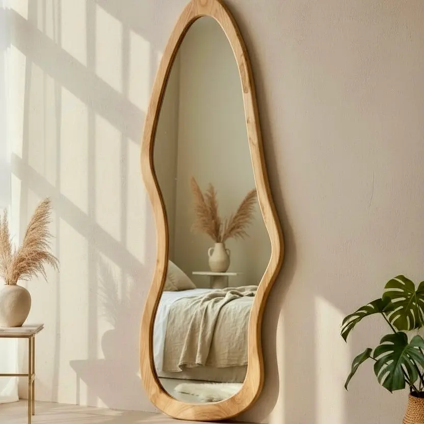 Grand miroir en pied Ombak, contour organique ondulé, épais cadre en teck massif recyclé