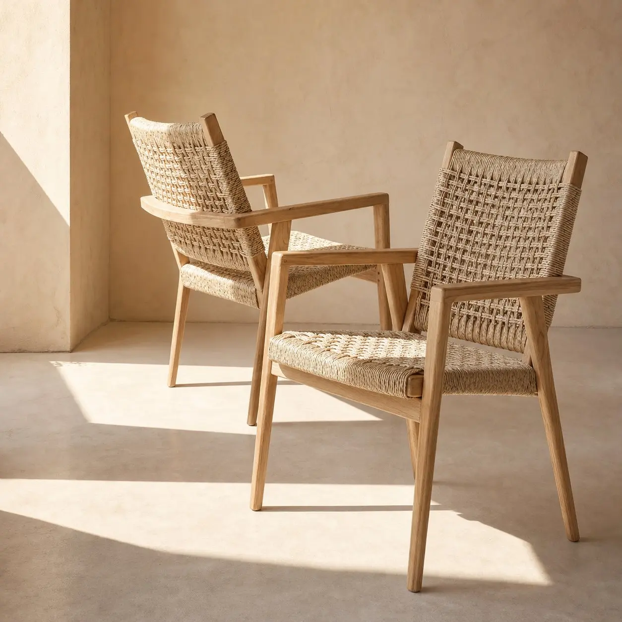 Dune, chaise de repas à accoudoirs en teck massif, dossier en tressage synthétique beige