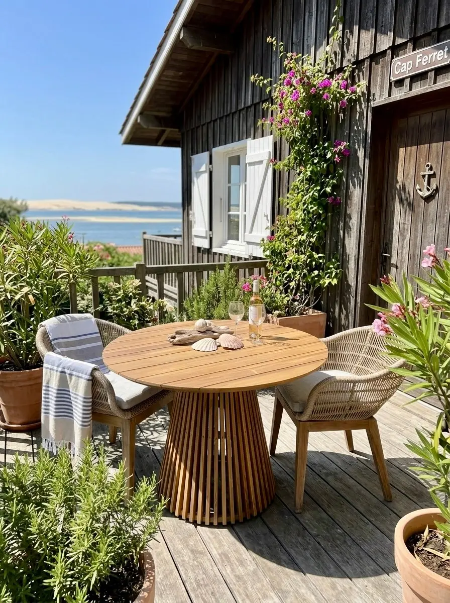 Sari, chaise de repas en teck massif, dossier arrondi en cordage synthétique beige