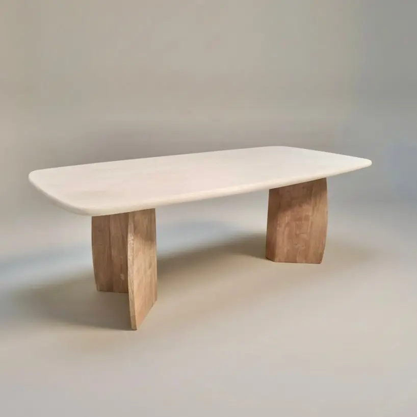 Citra, table à manger rectangulaire en terrazzo clair et teck recyclé