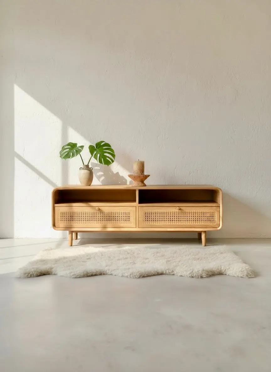Embum, meuble TV de 120 cm en teck avec tiroirs en cannage de rotin