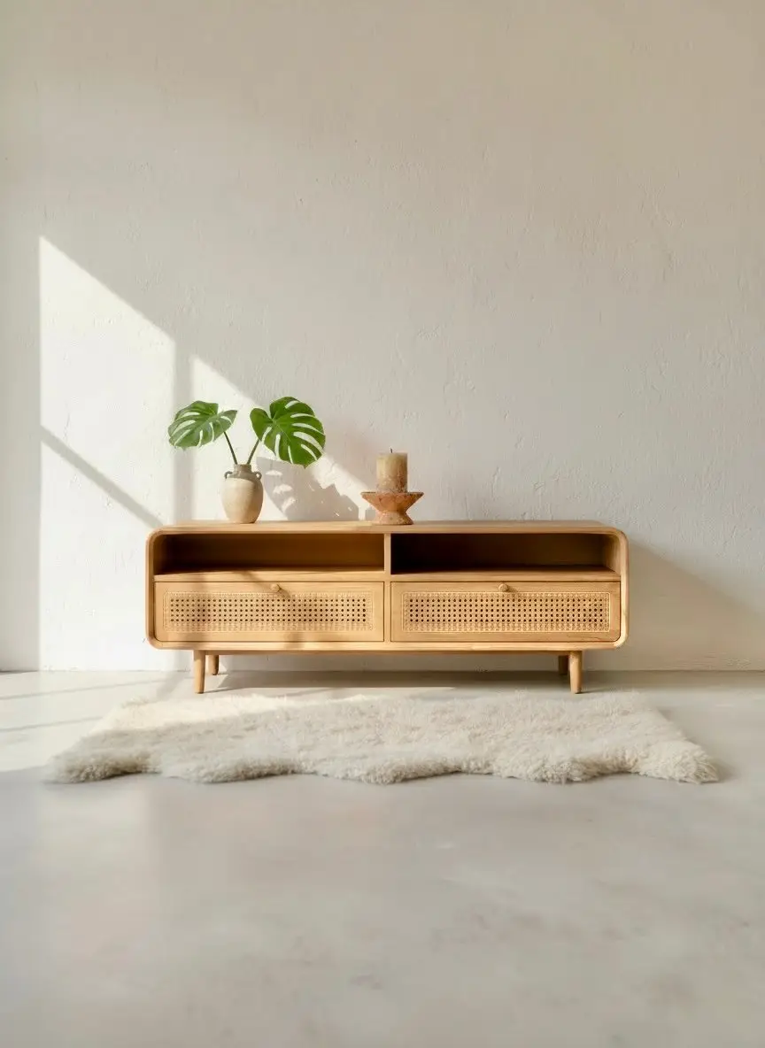Embum, meuble TV de 120 cm en teck avec tiroirs en cannage de rotin