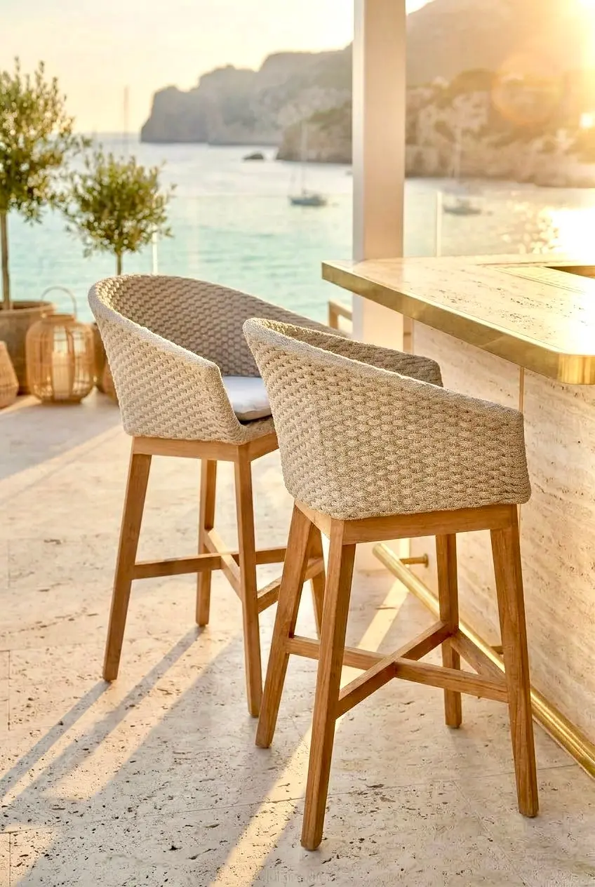 Luma bar, tabouret de bar en teck clair, dossier tonneau tressé gris et coussin beige