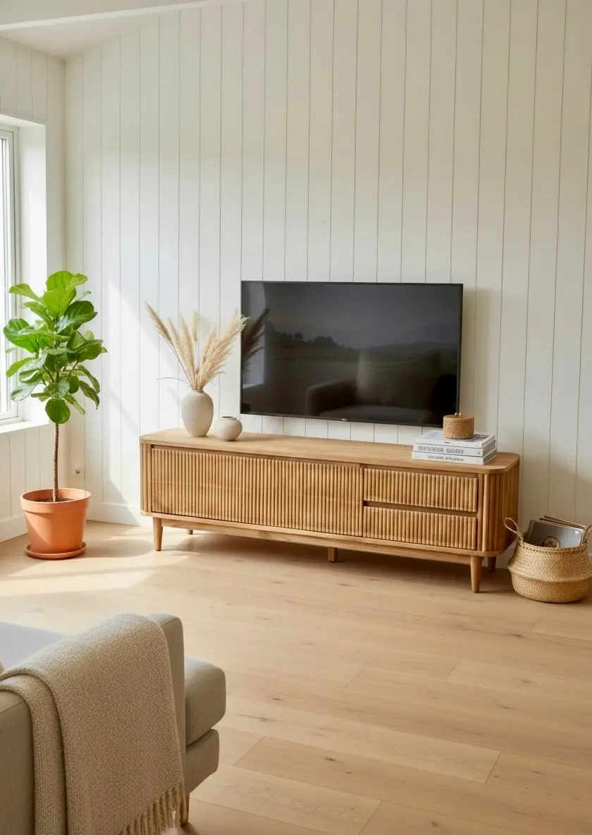 Meuble TV Reza 160 cm en teck massif, façade cannelée, deux portes et deux tiroirs
