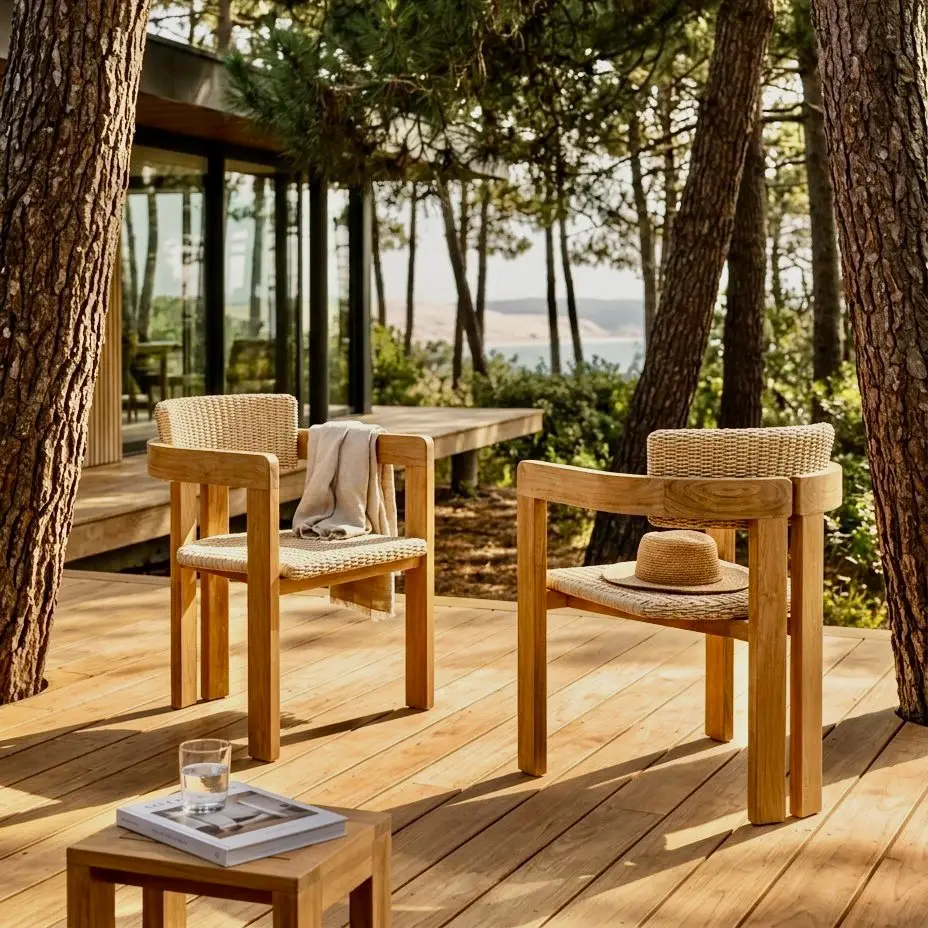 Ananda, fauteuil de repas en teck recyclé, dossier arrondi en cannage synthétique